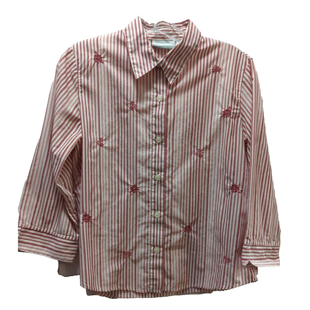 Alfred Dunner 8 petite red pink striped button shirt embroidered flowers 3/4slv